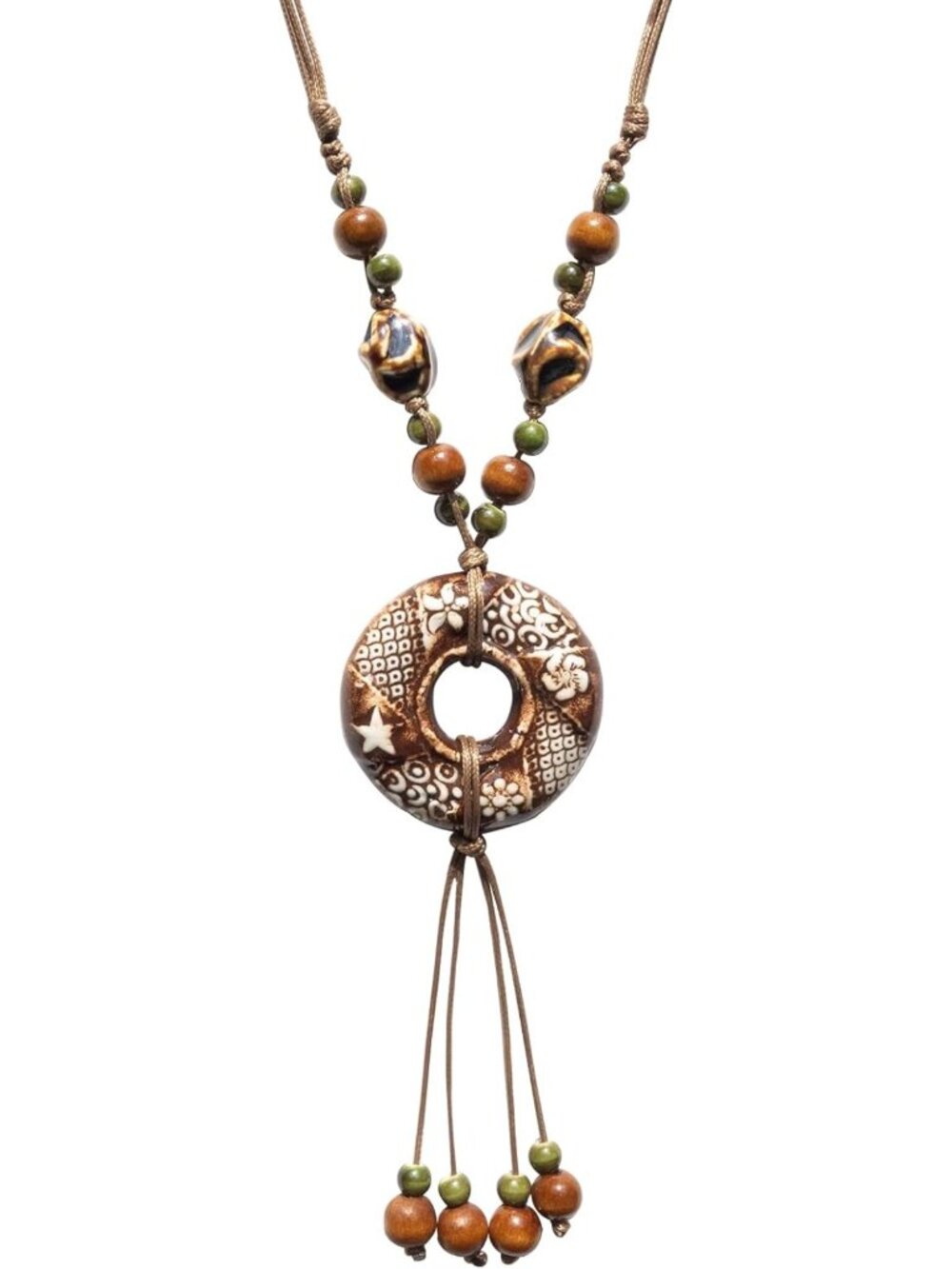 Boho Coastal Ceramic Fish Pendant Necklace, Adjustable Beaded Strand Jewelry for